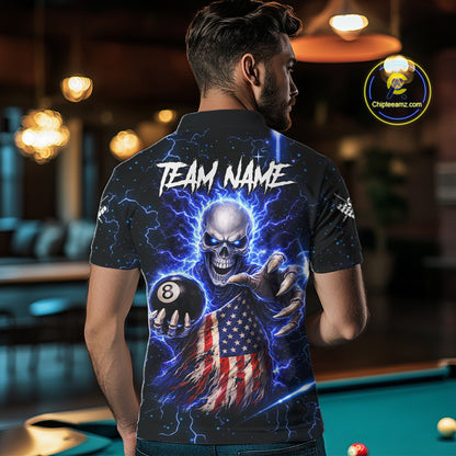 Blue Lightning 8 Ball US Flag Skull Billiard Shirt For Men Custom Pool Team Jersey Polo & 1/4 Zip TDM6230