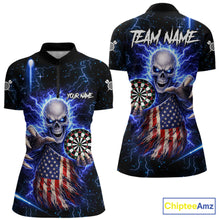Load image into Gallery viewer, Blue Lightning US Flag Skull Darts Shirt For Women Custom Darts Jersey Team Polo &amp; Quarter Zip TDM6231