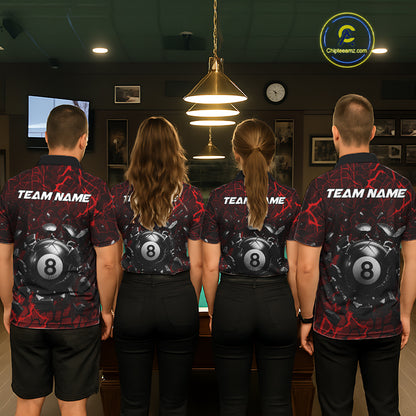 Back view of pool players wearing matching red crack billiard shirts in a game room.