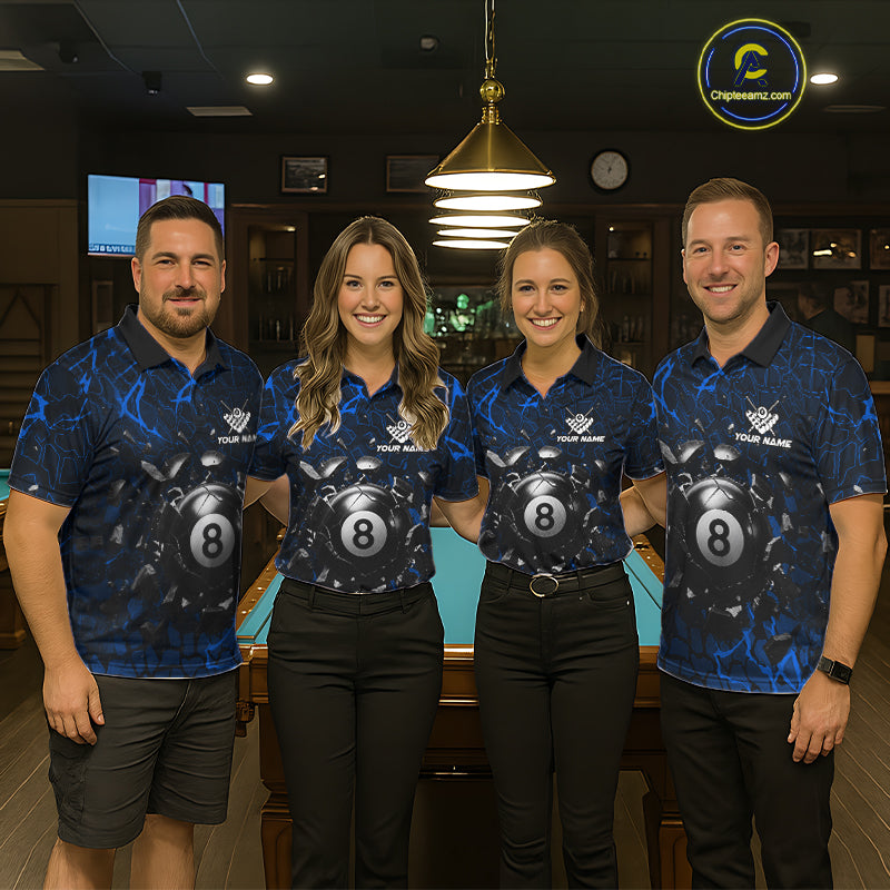 Pool team wearing matching blue crack billiard jerseys during tournament matches front view.