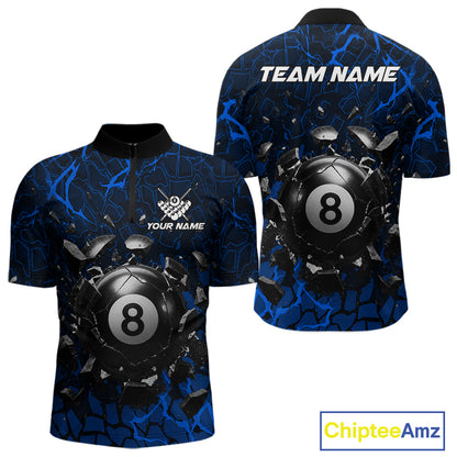Blue crack 8 ball billiard quarter zip shirt for men built for pool tournaments and league competition.