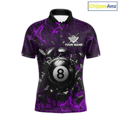 Purple crack 8 ball billiard polo shirt for men with modern pool team graphics and league-ready style.