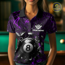 Load image into Gallery viewer, Woman wearing a purple crack 8 ball billiard jersey beside a pool table front view.