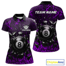 Load image into Gallery viewer, Purple crack 8 ball billiard polo shirt for women with modern pool team graphics and league-ready style.