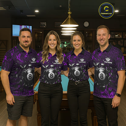 Pool team wearing matching purple crack billiard jerseys during league play front view.