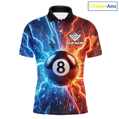 Custom blue and orange lightning 8 ball pool billiard team jersey polo shirt for men, personalized billiard league apparel and tournament jersey.