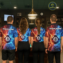 Load image into Gallery viewer, Billiard team wearing matching blue and orange lightning 8 ball pool jerseys back view.