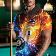 Load image into Gallery viewer, Man wearing blue and orange lightning 8 ball and 9 ball billiard polo shirt front view.