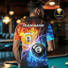 Load image into Gallery viewer, Man wearing blue and orange lightning 8 ball and 9 ball billiard polo shirt back view.