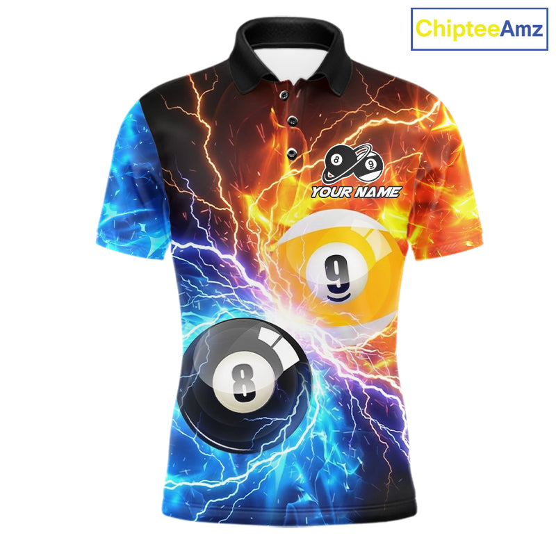 Custom blue and orange lightning 8 ball and 9 ball billiard pool team jersey polo shirt for men, personalized billiard league apparel.