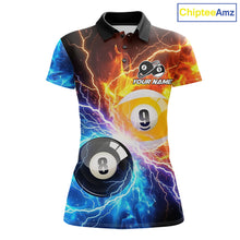 Load image into Gallery viewer, Custom blue and orange lightning 8 ball and 9 ball billiard pool team jersey polo shirt for women, personalized billiard league apparel.