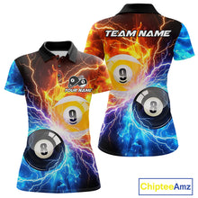 Load image into Gallery viewer, Custom blue and orange lightning 8 ball and 9 ball billiard pool team jersey polo shirt for women, personalized billiard league apparel.