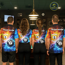 Load image into Gallery viewer, Billiard team wearing matching blue and orange lightning 8 ball and 9 ball jerseys back view.