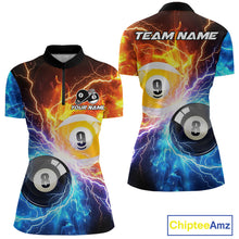 Load image into Gallery viewer, Custom blue and orange lightning 8 ball and 9 ball billiard quarter zip shirt for women, personalized pool team jersey.