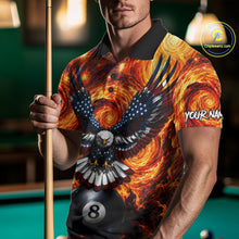 Load image into Gallery viewer, Man wearing custom fire flame red 8 ball US flag eagle billiard polo shirt front view.
