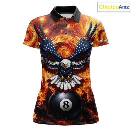 Custom fire flame red 8 ball US flag eagle billiard pool team jersey polo shirt for women, personalized billiard league apparel and tournament jersey.