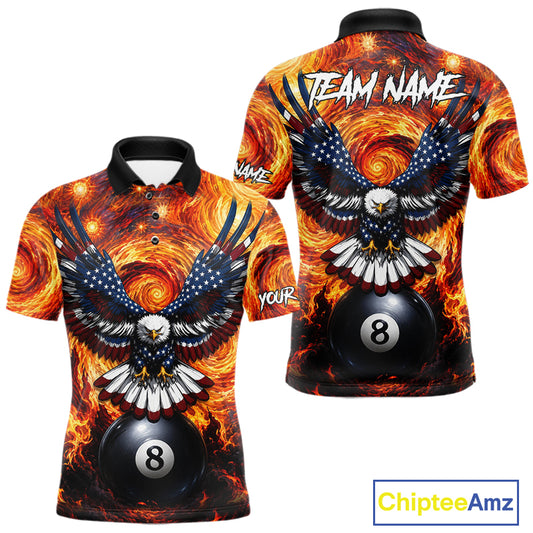 Custom fire flame red 8 ball US flag eagle billiard pool team jersey polo shirt for men, personalized billiard league apparel.