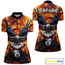 Load image into Gallery viewer, Custom fire flame red 8 ball US flag eagle billiard quarter zip shirt for women, personalized pool team jersey and league apparel.
