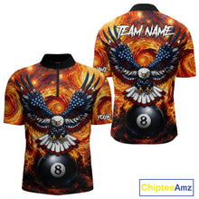 Load image into Gallery viewer, Custom fire flame red 8 ball US flag eagle billiard quarter zip shirt for men, personalized pool team jersey.