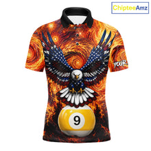 Load image into Gallery viewer, Custom fire flame red 9 ball US flag eagle billiard pool team jersey polo shirt for men, personalized billiard league apparel.