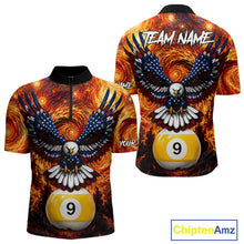 Load image into Gallery viewer, Custom fire flame red 9 ball US flag eagle billiard quarter zip shirt for men, personalized pool team jersey.