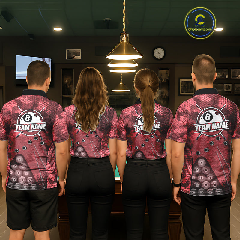 Red Camo 8 Ball Billiard Shirt For Women Custom Pool Team Shirt, Billiard Jersey Polo & 1/4 Zip TDM6009