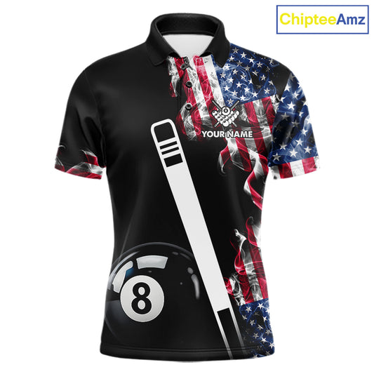 US Flag Smoke 8 Ball Billiard Shirt For Men Custom Patriotic Pool Team Jersey Polo & 1/4 Zip TDM6010