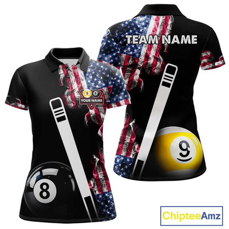 US Flag Smoke 8 Ball 9 Ball Billiard Shirt For Women Custom Patriotic Pool Team Jersey Polo, 1/4 Zip TDM6011