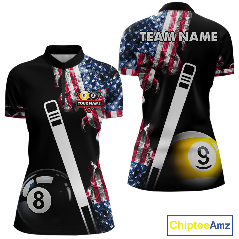 US Flag Smoke 8 Ball 9 Ball Billiard Shirt For Women Custom Patriotic Pool Team Jersey Polo, 1/4 Zip TDM6011