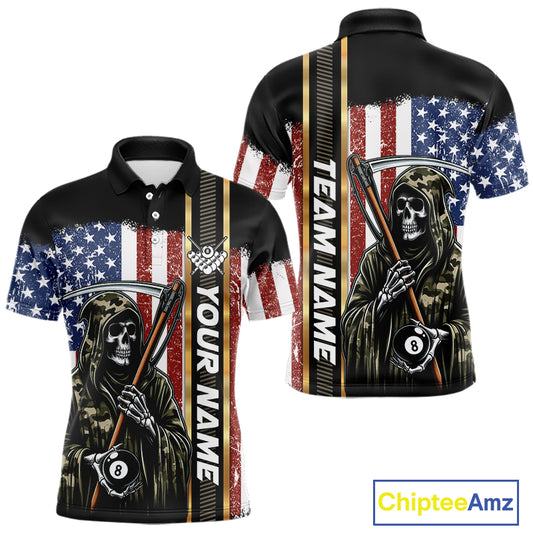 Camo Grim Reaper 8 Ball Billiard Shirt For Men Custom American Flag Pool Team Jersey Polo, 1/4 Zip TDM6246