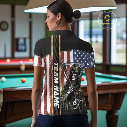 Camo Grim Reaper 8 Ball Billiard Shirt For Women Custom American Flag Pool Team Jersey Polo, 1/4 Zip TDM6246