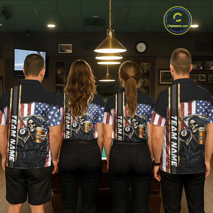 Grim Reaper With Beer Custom 8 Ball Billiard Shirt For Men, US Flag Pool Team Jersey Polo, 1/4 Zip TDM6247