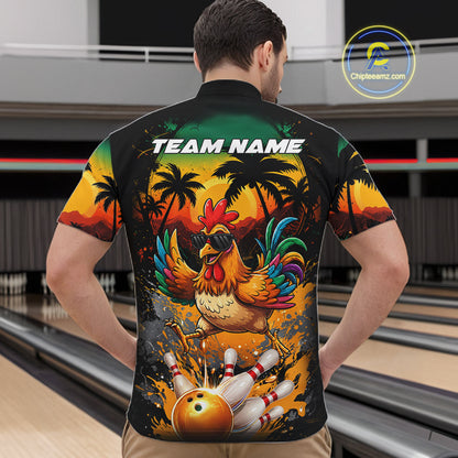 Funny Chicken Sunset Tropical Bowling Jersey For Men Custom Bowling Team Shirts Polo & 1/4 Zip TDM6458