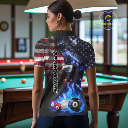 Back view of woman wearing a blue flame billiard jersey inside a pool hall.