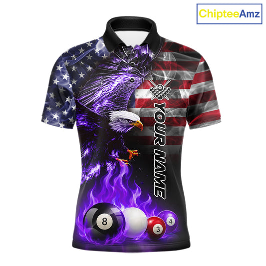 Purple flame American flag eagle billiard polo shirt for men with bold patriotic league graphics.