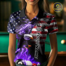 Load image into Gallery viewer, Woman wearing a purple flame eagle billiard shirt during pool match front view in a game hall.