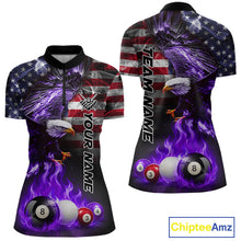 Load image into Gallery viewer, Purple flame billiard quarter zip shirt for women built for competitive pool tournaments and league play.