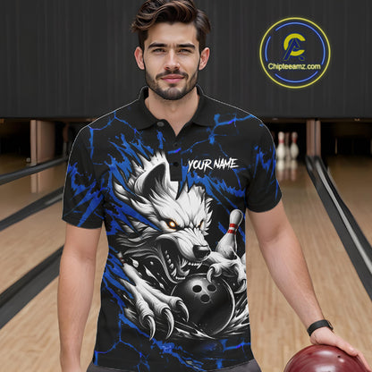 Man wearing black and blue custom wolf bowling team jersey polo shirt featuring wolf artwork, front view.