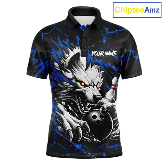 Black and blue custom wolf bowling team jersey polo shirt for men featuring a fierce wolf design, premium personalized bowling league apparel for tournaments and team play.