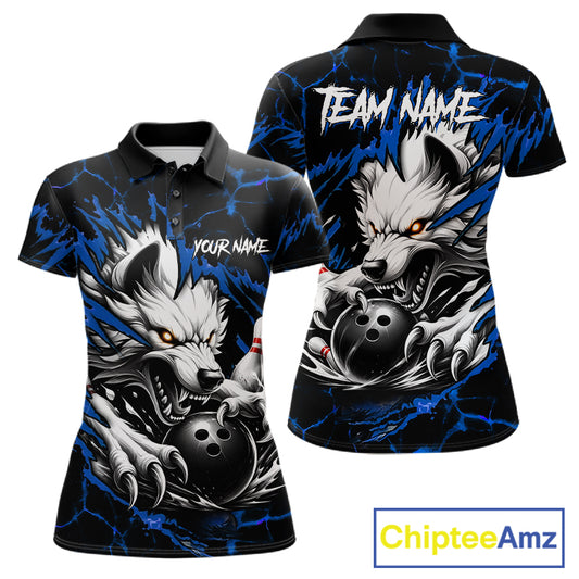 Black and blue custom wolf bowling team jersey polo shirt for women featuring a fierce wolf design, premium personalized bowling league apparel for tournaments and team play.