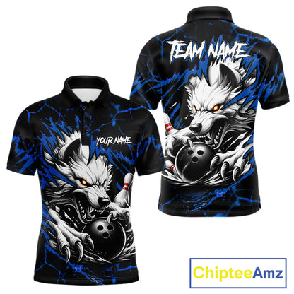 Black and blue custom wolf bowling team jersey polo shirt for men featuring a fierce wolf design, premium personalized bowling league apparel for tournaments and team play.