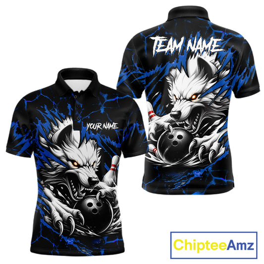 Black and blue custom wolf bowling team jersey polo shirt for men featuring a fierce wolf design, premium personalized bowling league apparel for tournaments and team play.