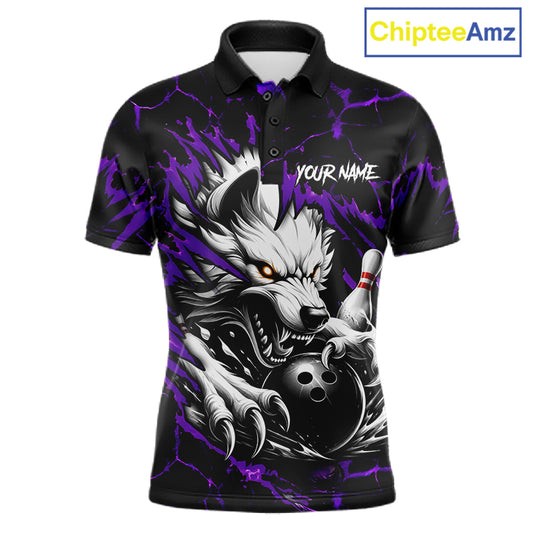 Black and purple custom wolf bowling team jersey polo shirt for men featuring a fierce wolf design, premium personalized bowling league apparel for tournaments and team play.