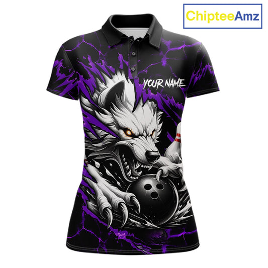 Black and purple custom wolf bowling team jersey polo shirt for women featuring a fierce wolf design, premium personalized bowling league apparel for tournaments and team play.
