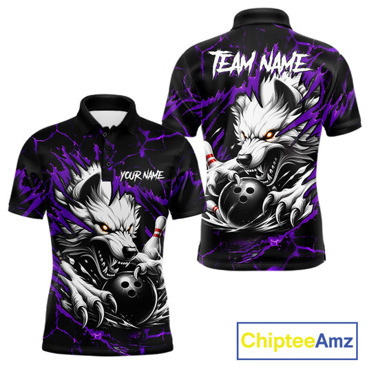 Black and purple custom wolf bowling team jersey polo shirt for men featuring a fierce wolf design, premium personalized bowling league apparel for tournaments and team play.