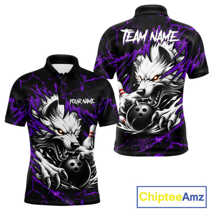 Black and purple custom wolf bowling team jersey polo shirt for men featuring a fierce wolf design, premium personalized bowling league apparel for tournaments and team play.