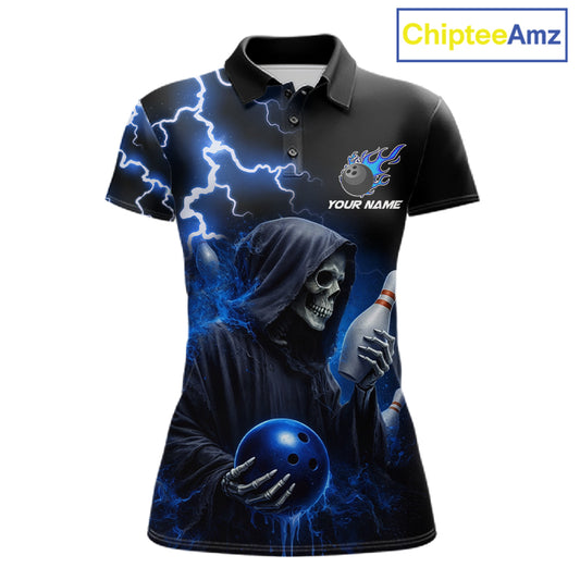 Blue Grim Reaper Bowling Shirt For Women Custom Lightning Team League Bowling Jersey Polo & 1/4 Zip TDM5854