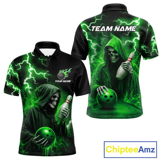 Green Grim Reaper Bowling Shirt For Men Custom Lightning Team League Bowling Jersey Polo, 1/4 Zip TDM5855