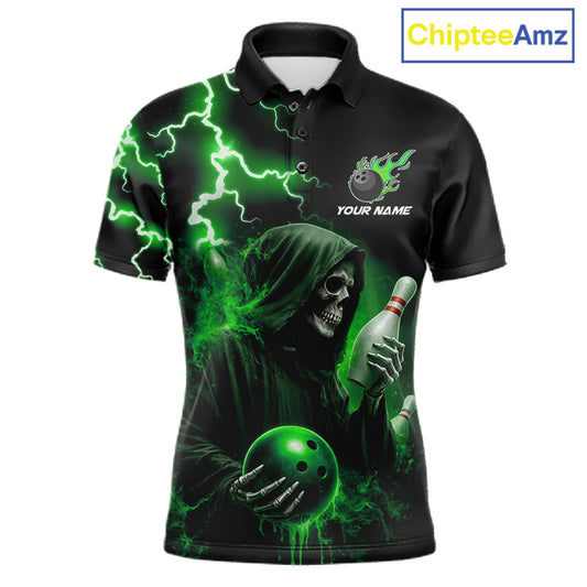 Green Grim Reaper Bowling Shirt For Men Custom Lightning Team League Bowling Jersey Polo, 1/4 Zip TDM5855