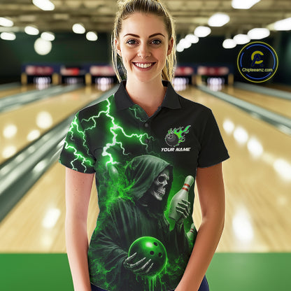 Green Grim Reaper Bowling Shirt For Women Custom Lightning Team League Bowling Jersey Polo, 1/4 Zip TDM5855